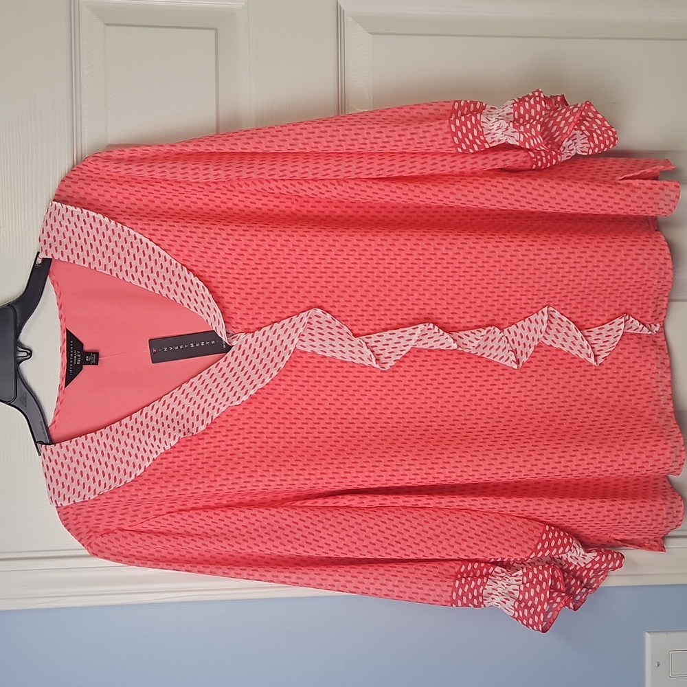 Investments 3/4 Balloon Sleeve V-neck Ruffle Detail Plus Blouse: Pink/White: 2X